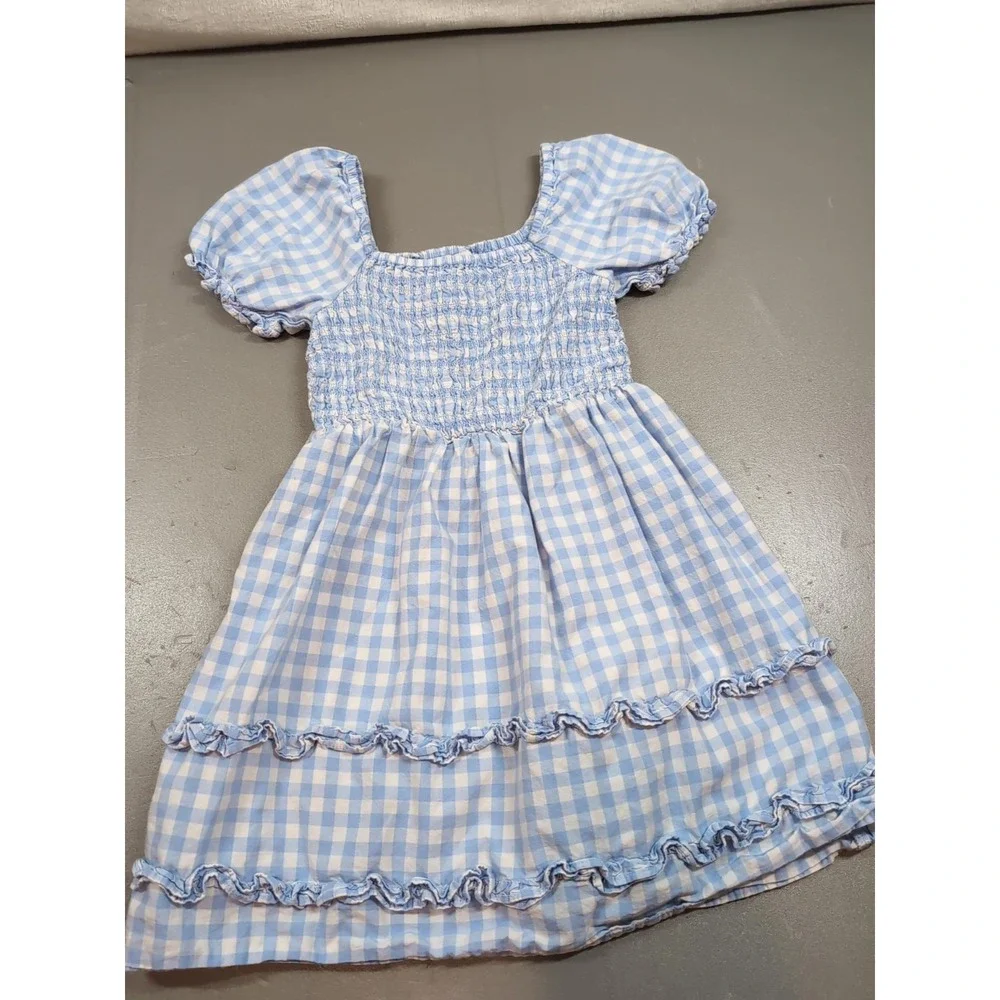 The Children's Place Girls Blue White Gingham Smocked Puff Sleeve Dress Size 5/6